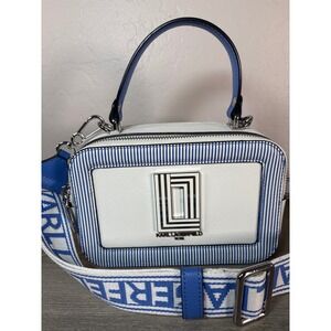 Karl Lagerfeld Paris Striped Simone Crossbody Camera Bag White Blue Pinstripe